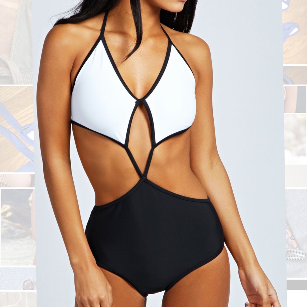 Boohoo one piece black and white swimsuit